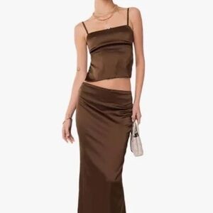 Women's Brown Satin Skirt Set